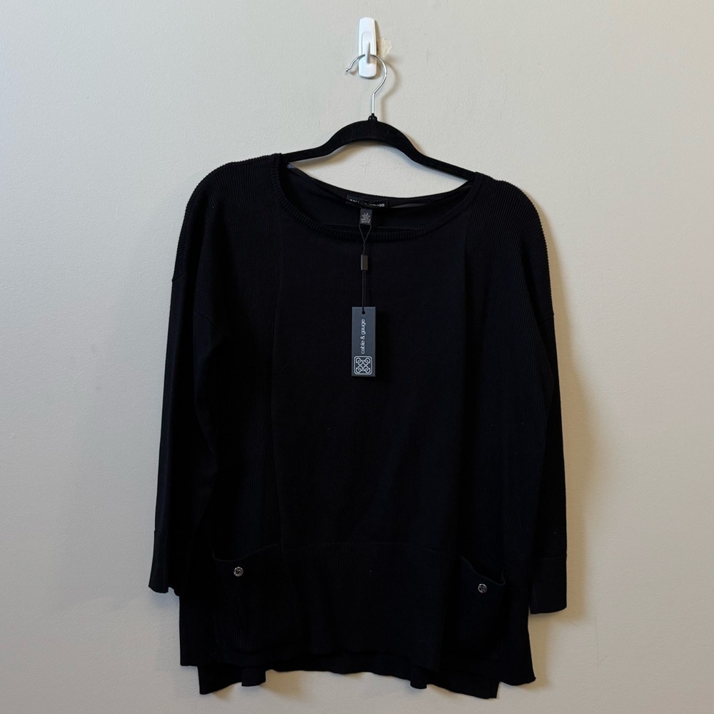 Cable & Gauge (NWT) black ribbed pocket front pullover crewneck sweater